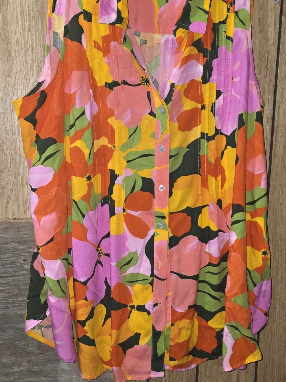 Terra & Sky Floral Button-Front Sleeveless Top in Pink, Orange & Yellow